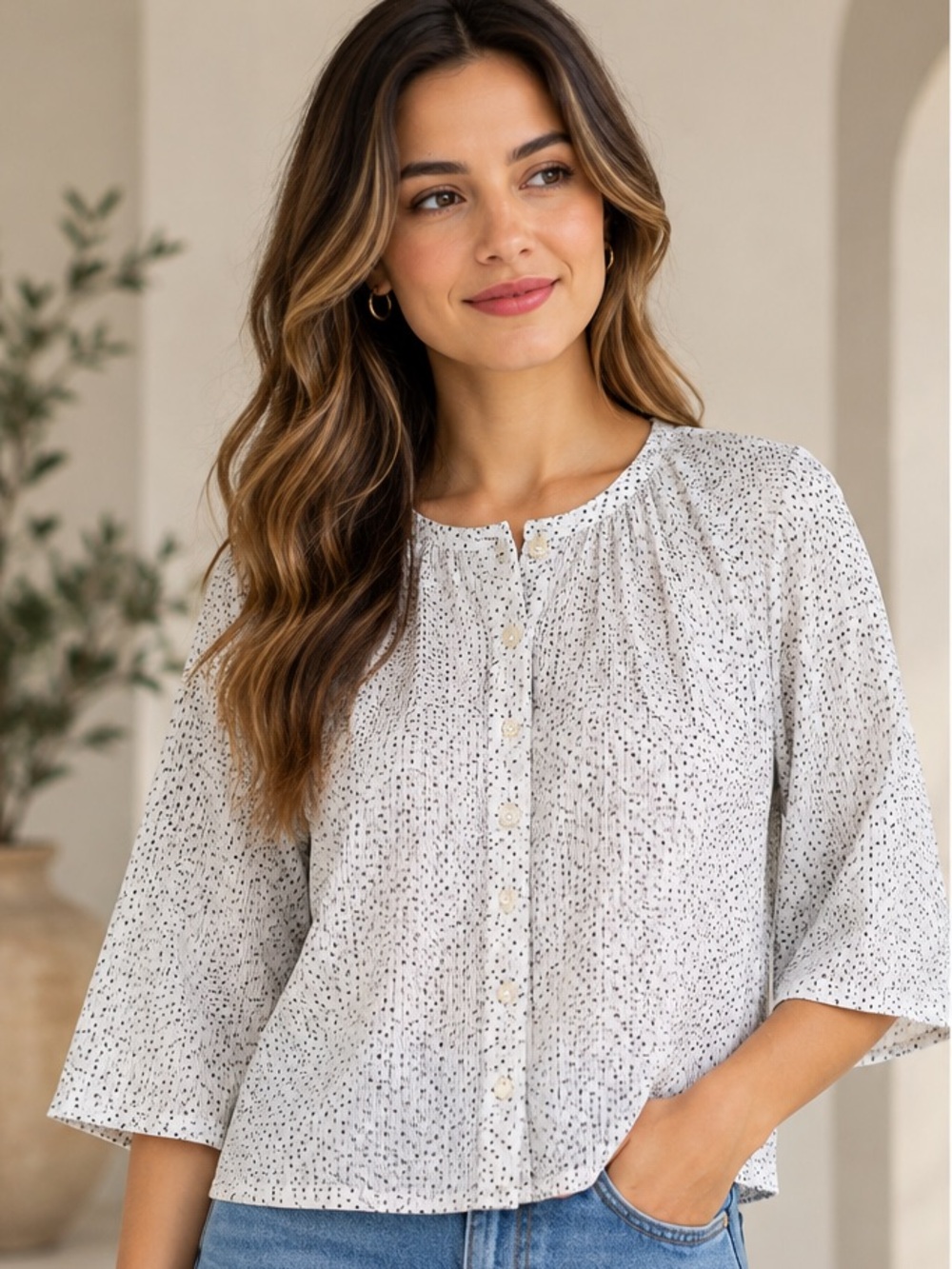 1.STATE Blouse Women's XS Black/White Micro Dot Printed Textured Button Front